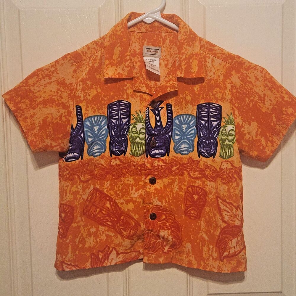 Vintage Y2K Arizona Jean Co Toddler 4T Tiki Hawaiian Shirt Orange Camp Collar